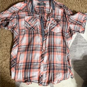 BKE Coral and Gray Plaid Shirt